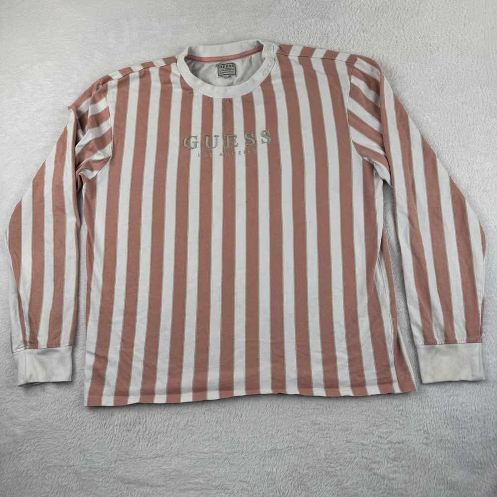 Guess Striped Long Sleeve T-Shirt Mens Medium Pink White Embroidered Logo